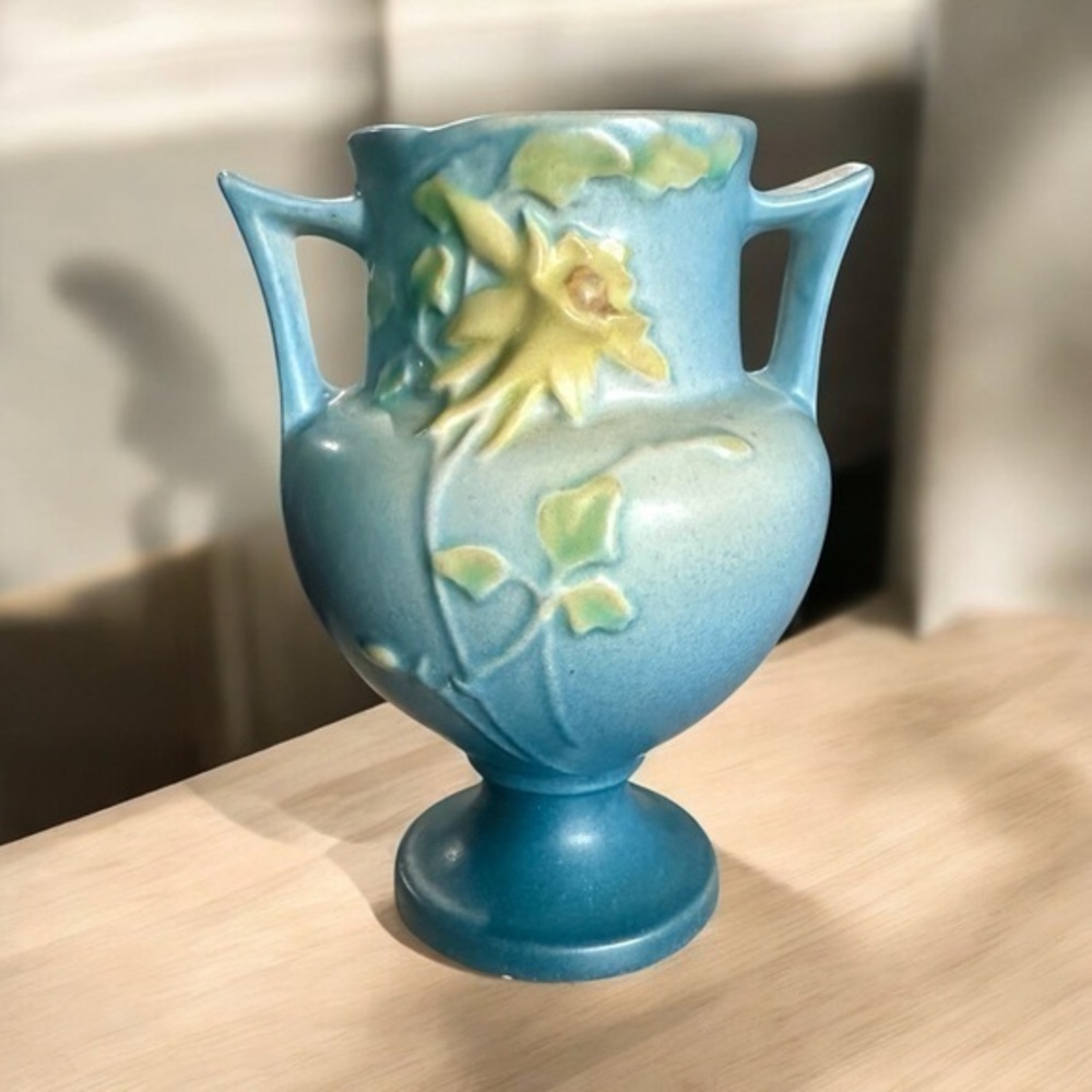 Antique Roseville USA Double Handled Pottery Vase Blue Yellow Flower 1940s